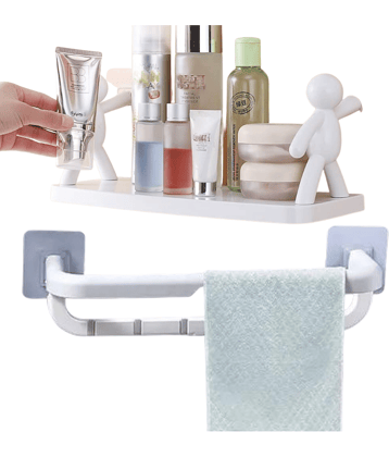 BLUE HOME AND KITCHEN Plastic Self Adhesive Wall Mounted Bathroom Shelf and Foldable Towel Bar (Pack Of 2)