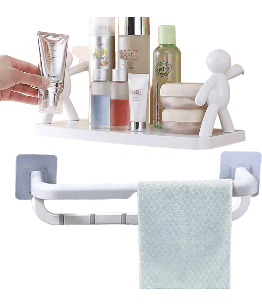 BLUE HOME AND KITCHEN Plastic Self Adhesive Wall Mounted Bathroom Shelf and Foldable Towel Bar (Pack Of 2)