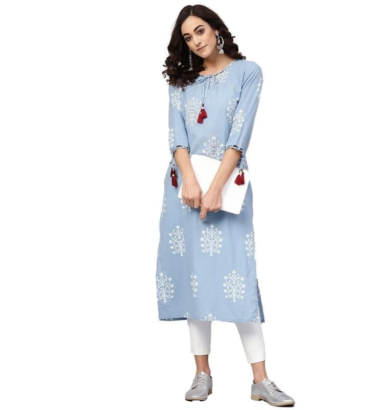 Women's Casual 3/4 th Sleeve Embroidery Cambric Cotton Kurti (Blue, M)-PID48558