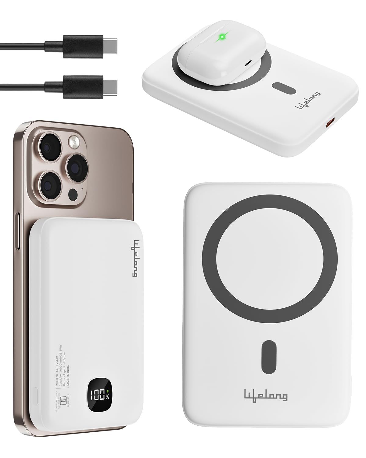 Lifelong Electronics MagSafe Wireless & Wired 10000mAH Power Bank | Fast Charging Powerbank for iPhone, Android & All Qi Devices | Digital Display & Strong Magnet Hold | Magnetic Ring & Cable Included Lifelong Electronics MagSafe Wireless & Wired 10000mA