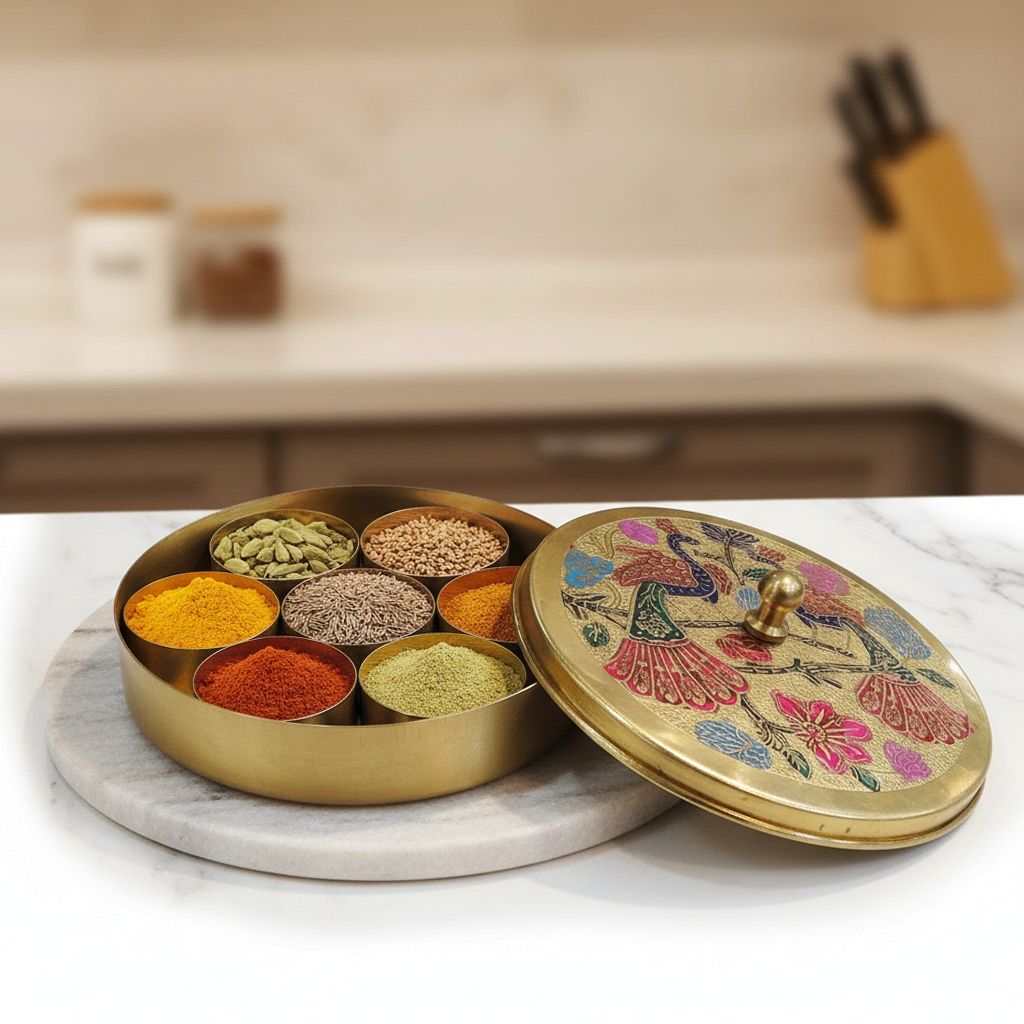 Brass Spice Box (Masala Dabba) | Traditional Kitchen Storage, Height : 1.5 Inch (ZMAS585 N)