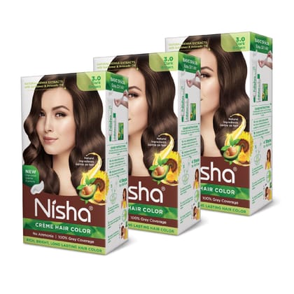 Nisha Creme Hair Color 3.0 Dark Brown 120g Pack of 3, Permanent Hair Colour for Women Men, No Ammonia 100% Grey Coverage