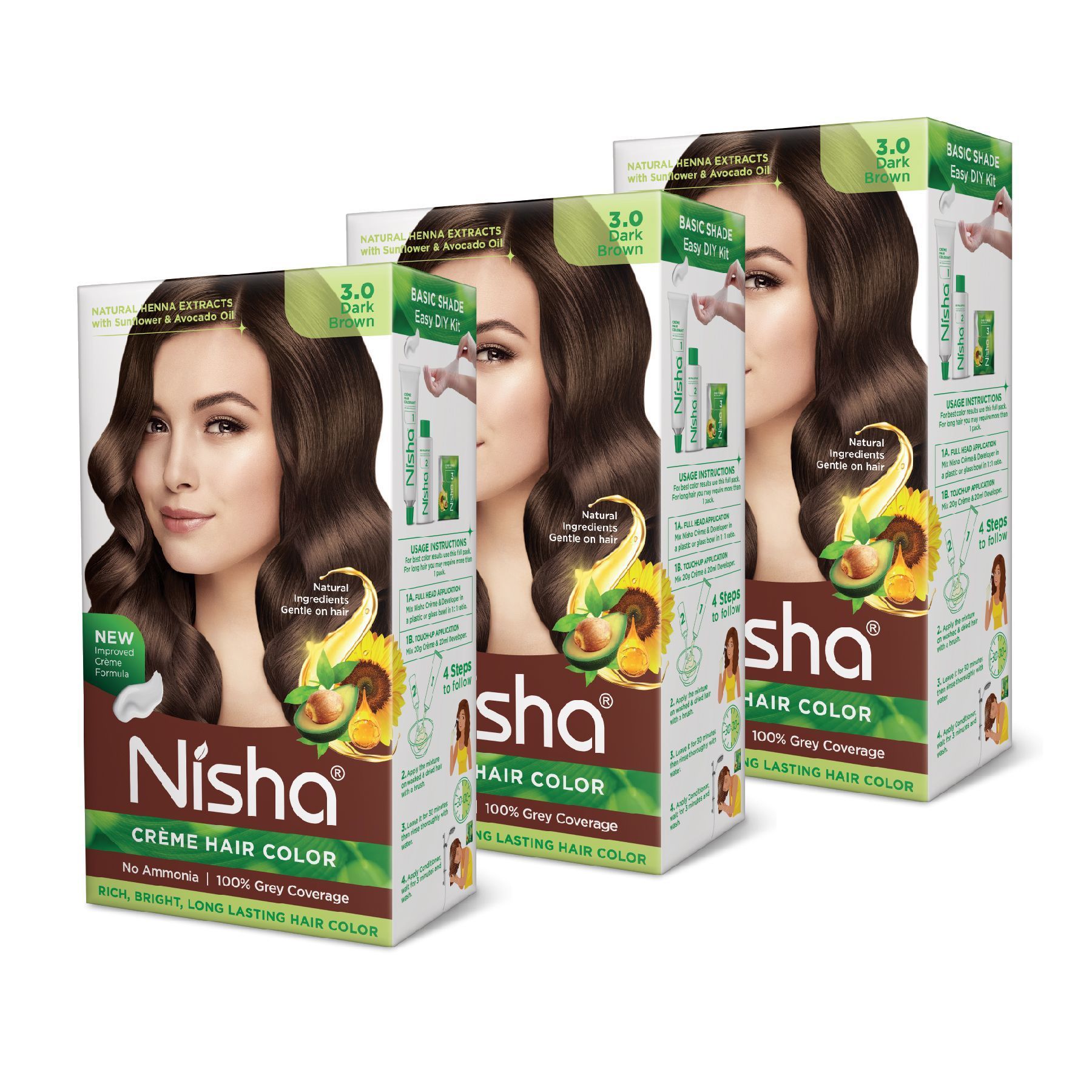 Nisha Creme Hair Color 3.0 Dark Brown 120g Pack of 3, Permanent Hair Colour for Women Men, No Ammonia 100% Grey Coverage