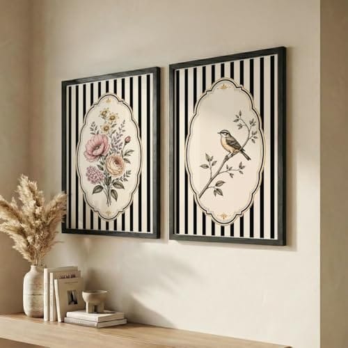 Wall Art Set of 2 Framed Prints for Living Room Bedroom Office | Black Stripe Botanical Wall Decor with Wooden