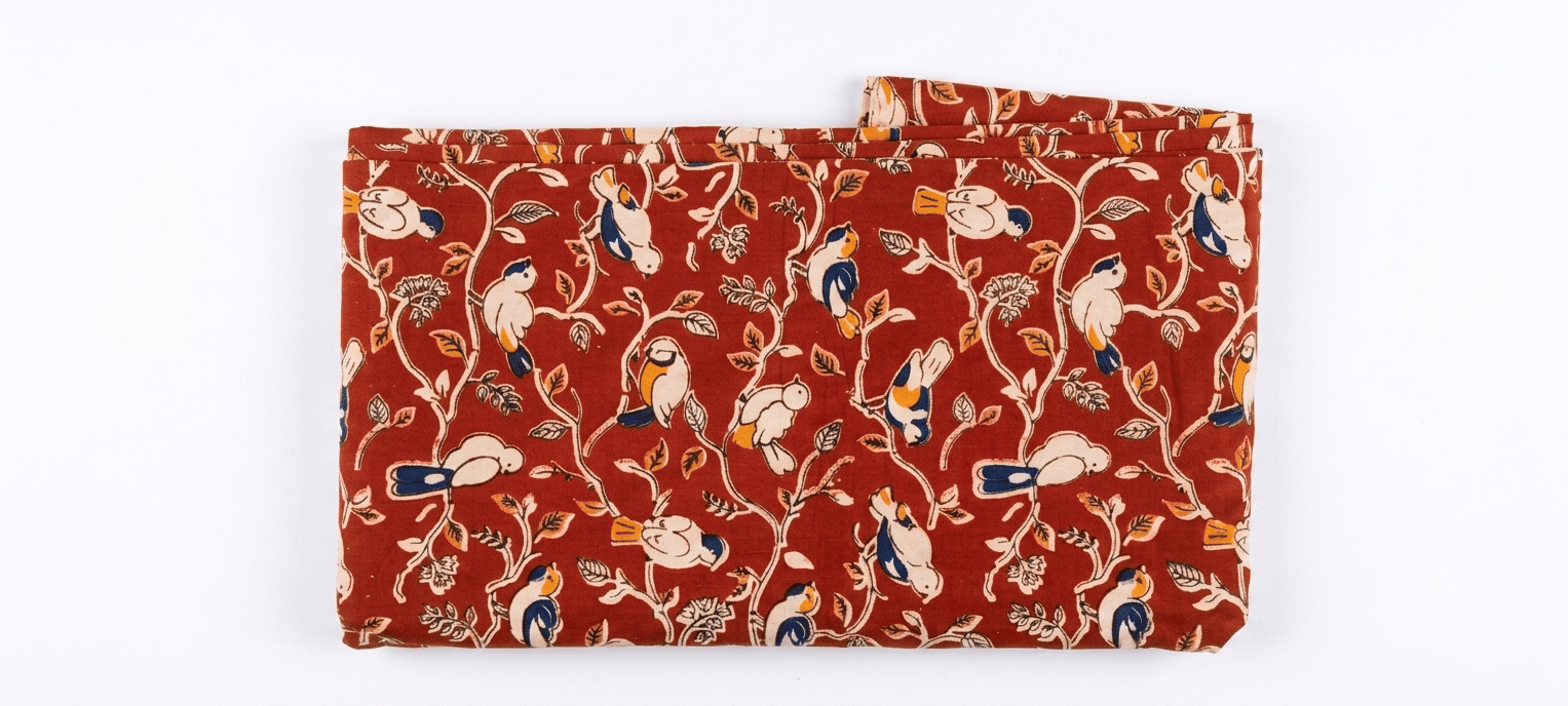 KALAMKARI MATERIAL RED COLOUR WITH BIRDS DESIGN (1 MTR)