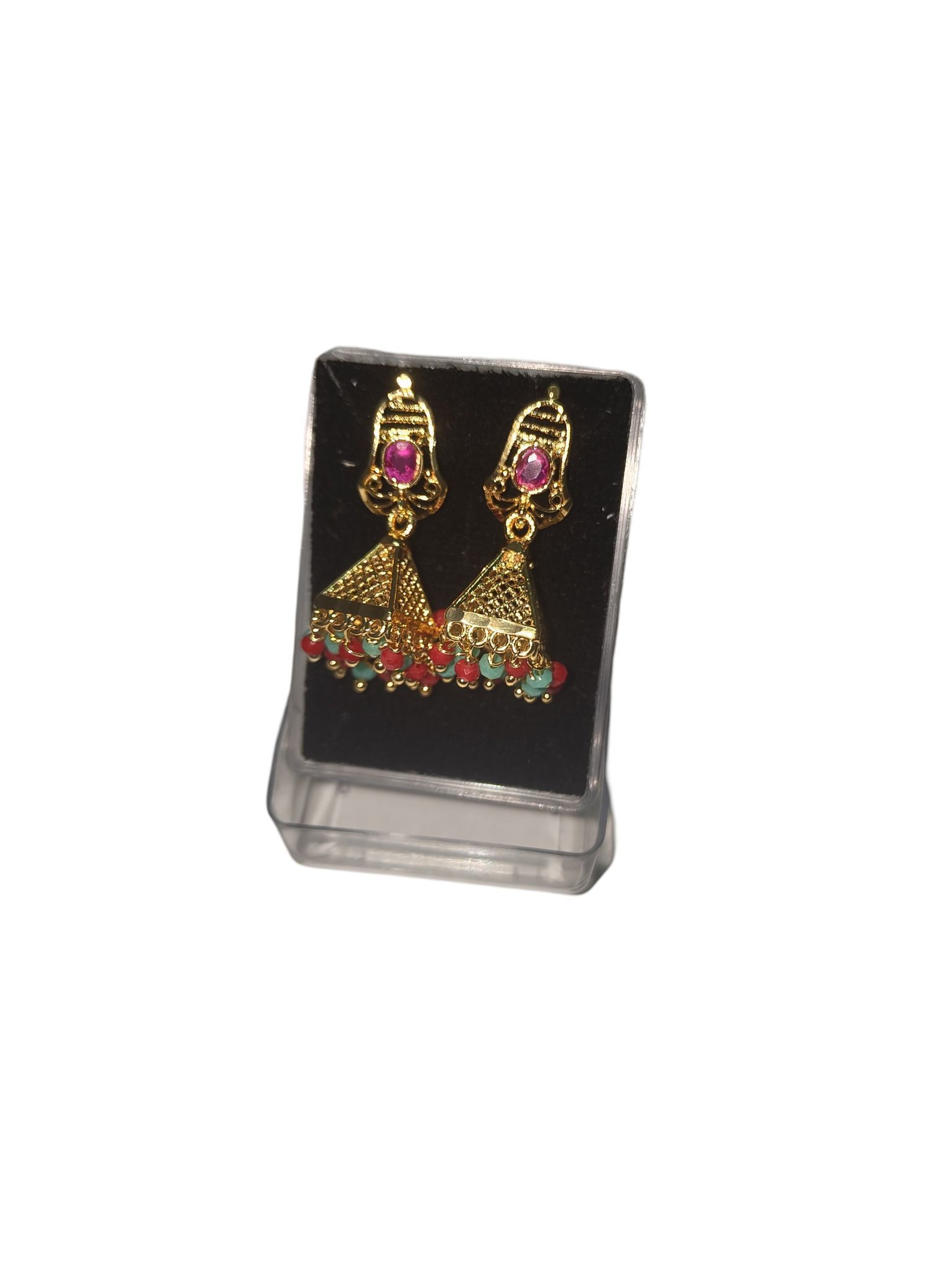 Stunning Gold Plated Jhumka Earrings with Pink Stones and Green Beads