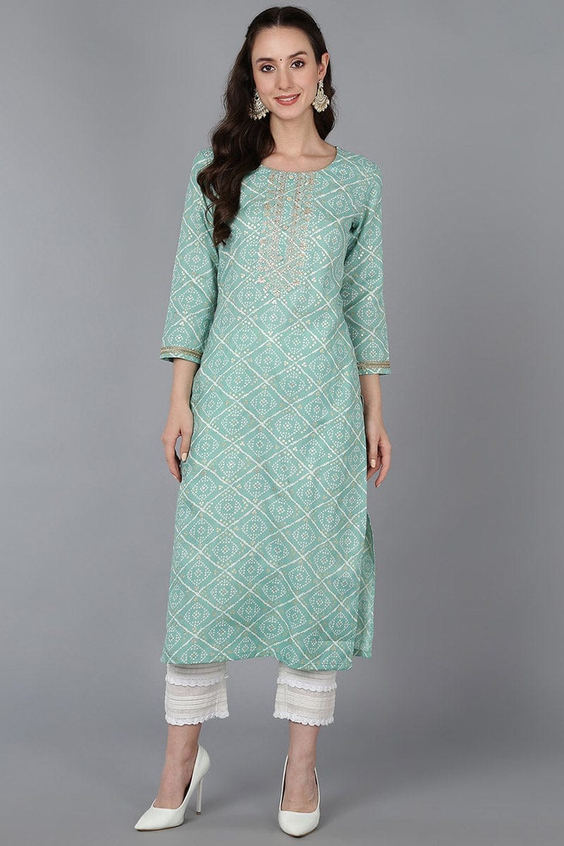 Sea Green Silk Blend Bandhani Embroidered Straight Kurta VCK9018