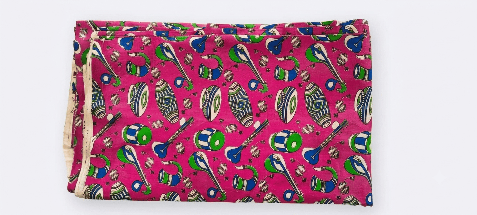 KALAMKARI MATERIAL DARK PINK WITH MUSICAL INSTRUMENTS DESIGN (1 MTR)