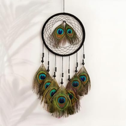 Handmade Peacock Feather Dream Catcher Wall Hanging - Wooden, Bedroom Living Room Decor, Positive Energy, Natural