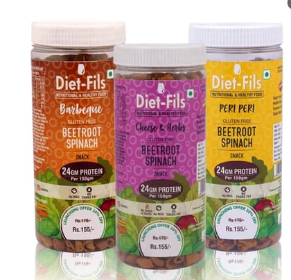 Beetroot Spinach Snack with Pea Protein Mix Combo | Cheese and Herbs | Barbecue | Peri Peri | Gluten Free | 24 G Protein per pack |Roasted not fried | Healthy  Snacks | No MSG | Zero Transfat |150 G x 3