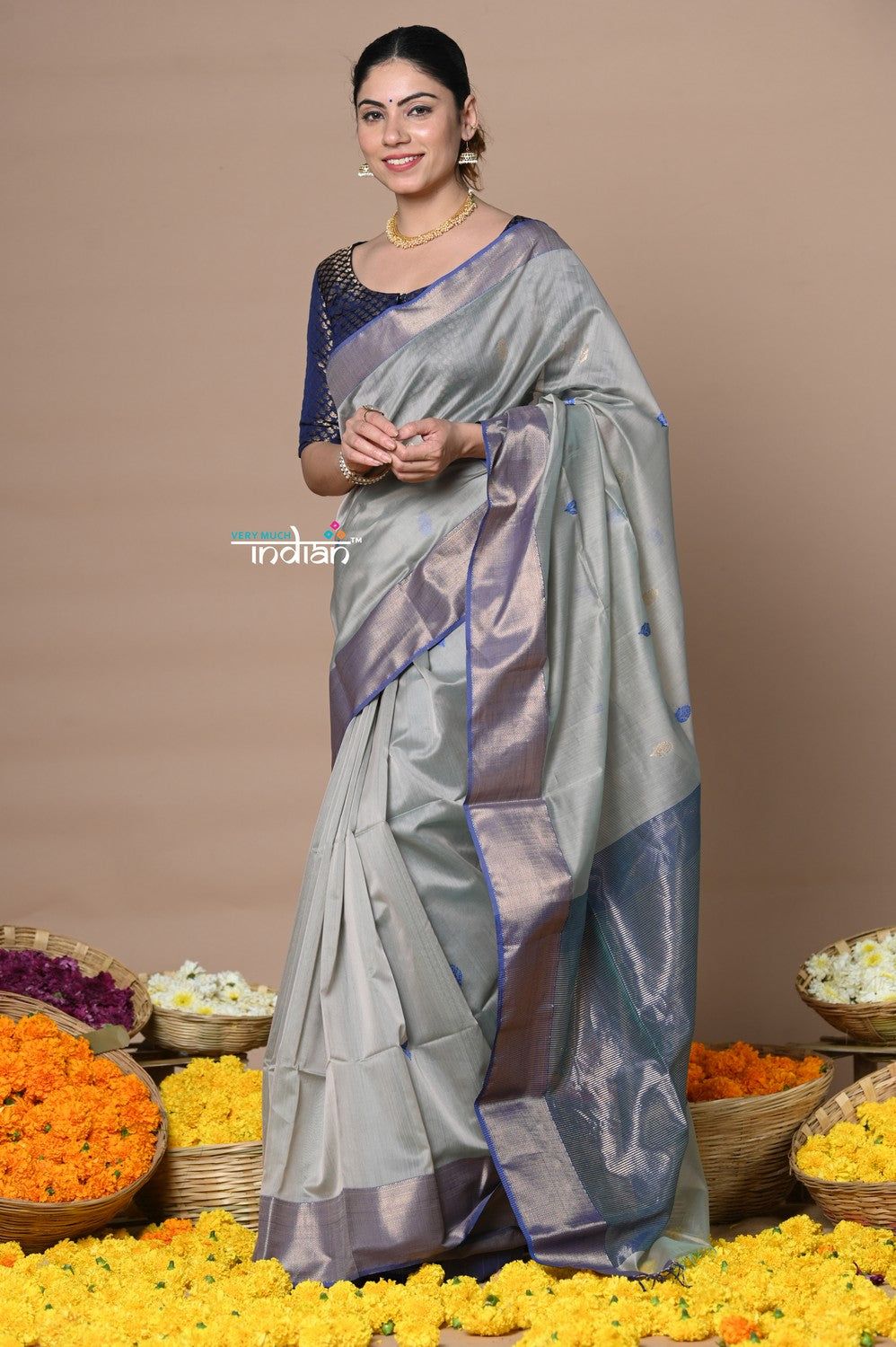 Rajsi~Handloom Cotton Silk Saree with Golden Border~Grey