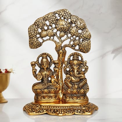 Aluminium Laxmi Ganesh Tree Gold Plated Idol | Divine Diwali Puja Statue for Home Mandir, Height : 6.7 Inch (ASMAS089 G)