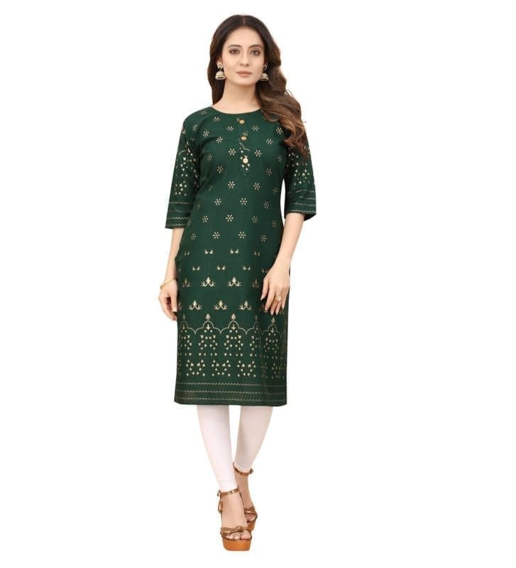 Women's Casual 3/4th Sleeve Foil Gold Printed Cotton Kurti (Green, M)-PID46152