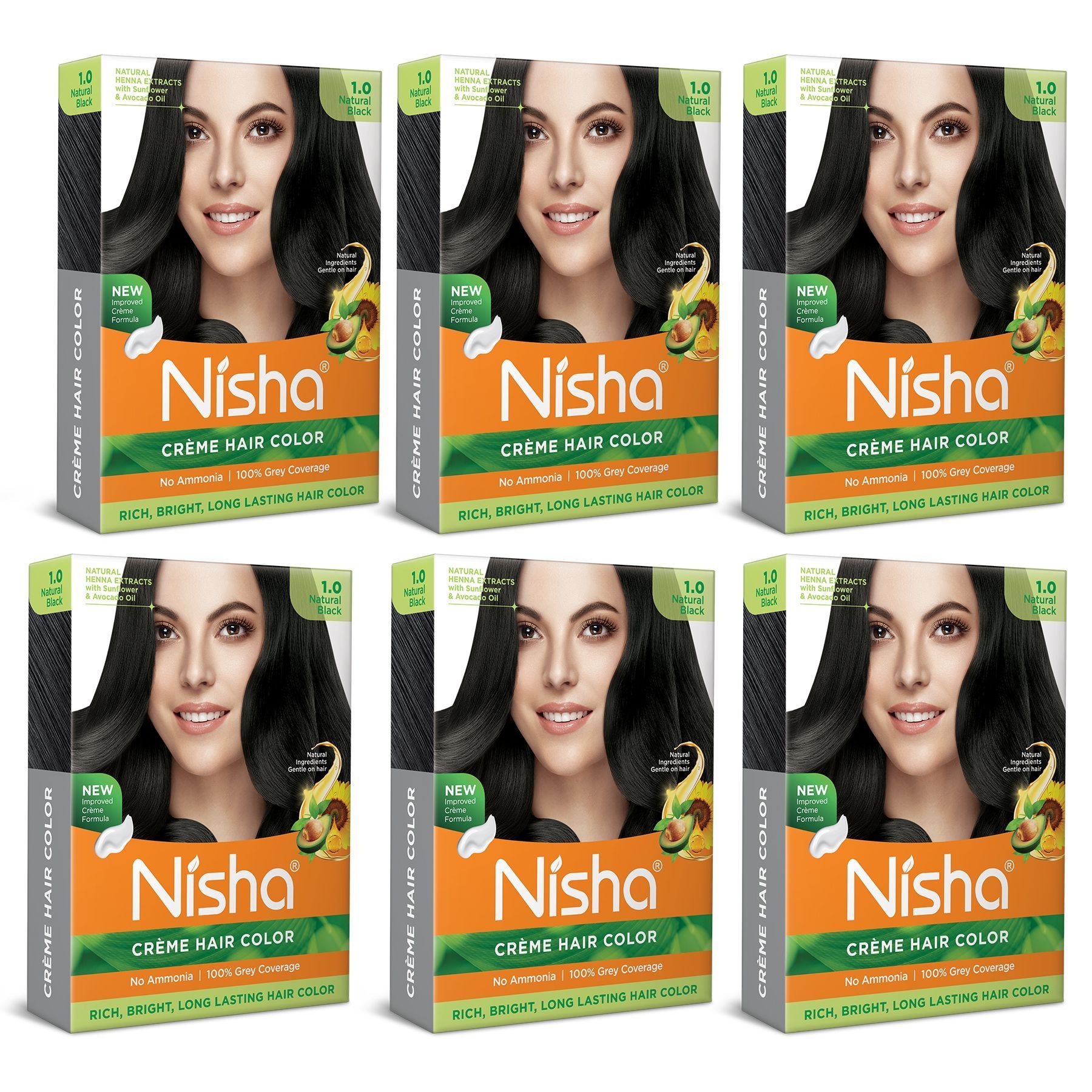 Nisha Creme Hair Color Natural Black 40gm Pack of 6, Permanent Hair Color for Women Men, No Ammonia, 100% Grey Coverage