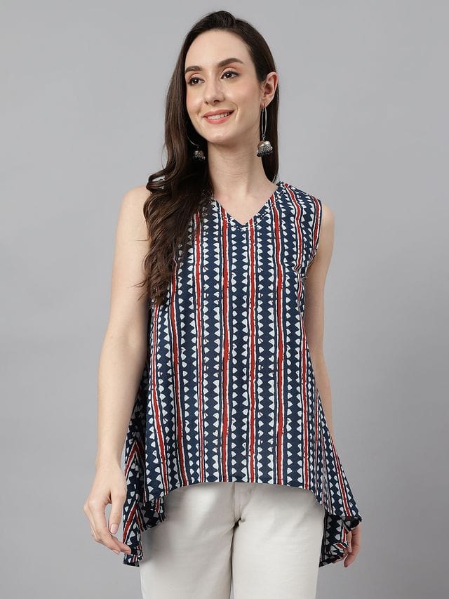 Womens Navy Blue Cotton Geometric Print Top