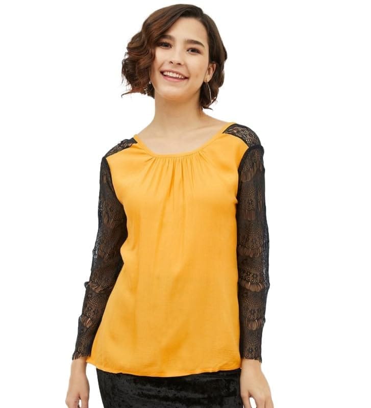 Women's Rayon Lace Inserts Long Sleeves Top (Yellow, L)-PID55905