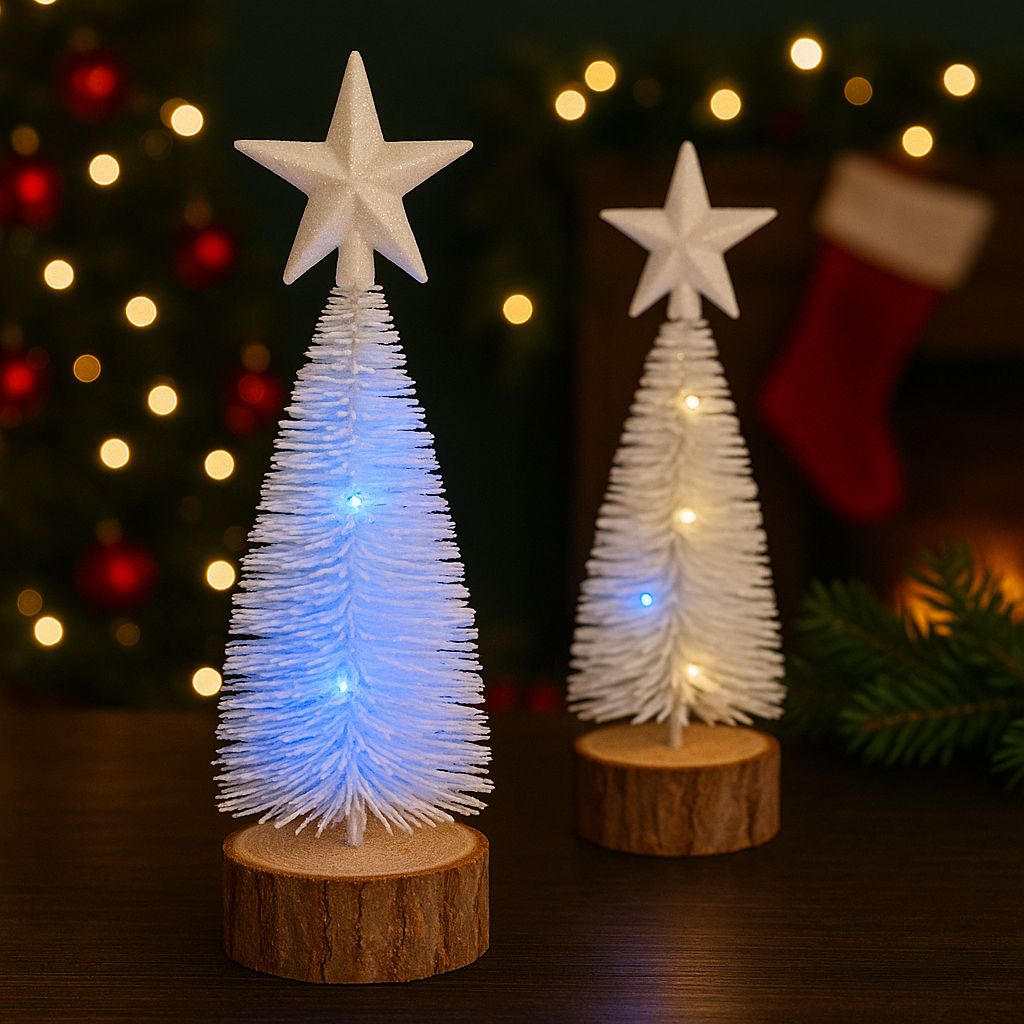 Mini White LED Christmas Tree with Wooden Base Set of 2