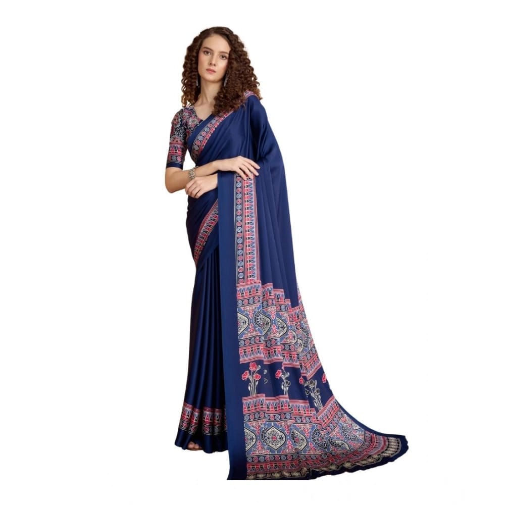 womens satin crepe printed saree with unstitched blouse 5mtr navy blue pid64996