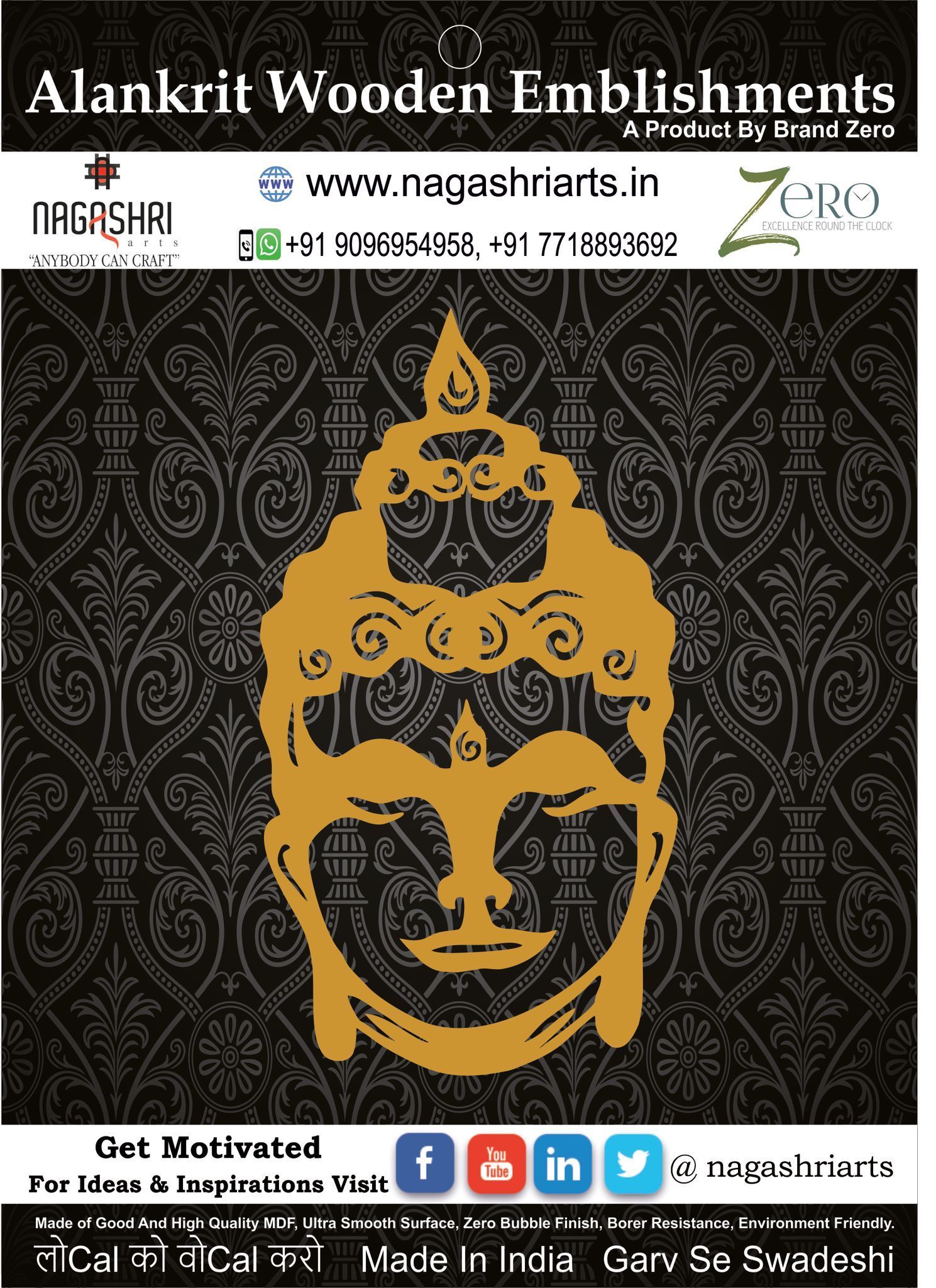 Brand Zero MDF Emblishment Buddha Face Design 1 - 2.0 By 1.1 Inches in 2.5mm Thickness
