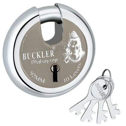 BUCKLER Heavy Duty Iron Shutter Lock for Main gate, Godown, Main Door, Office, Shop, Truck, Narrow Shackle, unbrackble Lock- Laser Print Design-92MM-10 Levers, Round Shape