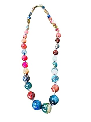 TULIP Traditional Artisians' Upliftment Livelihood Program Handcrafted Multicolor Agate Beaded Necklace, Blue and Pink Gemstone Statement Jewelry, Graduated Round Beads
