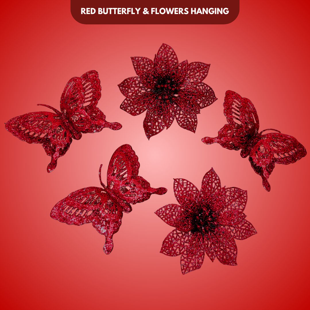 Butterfly & Flowers Hanging Red - 5PC
