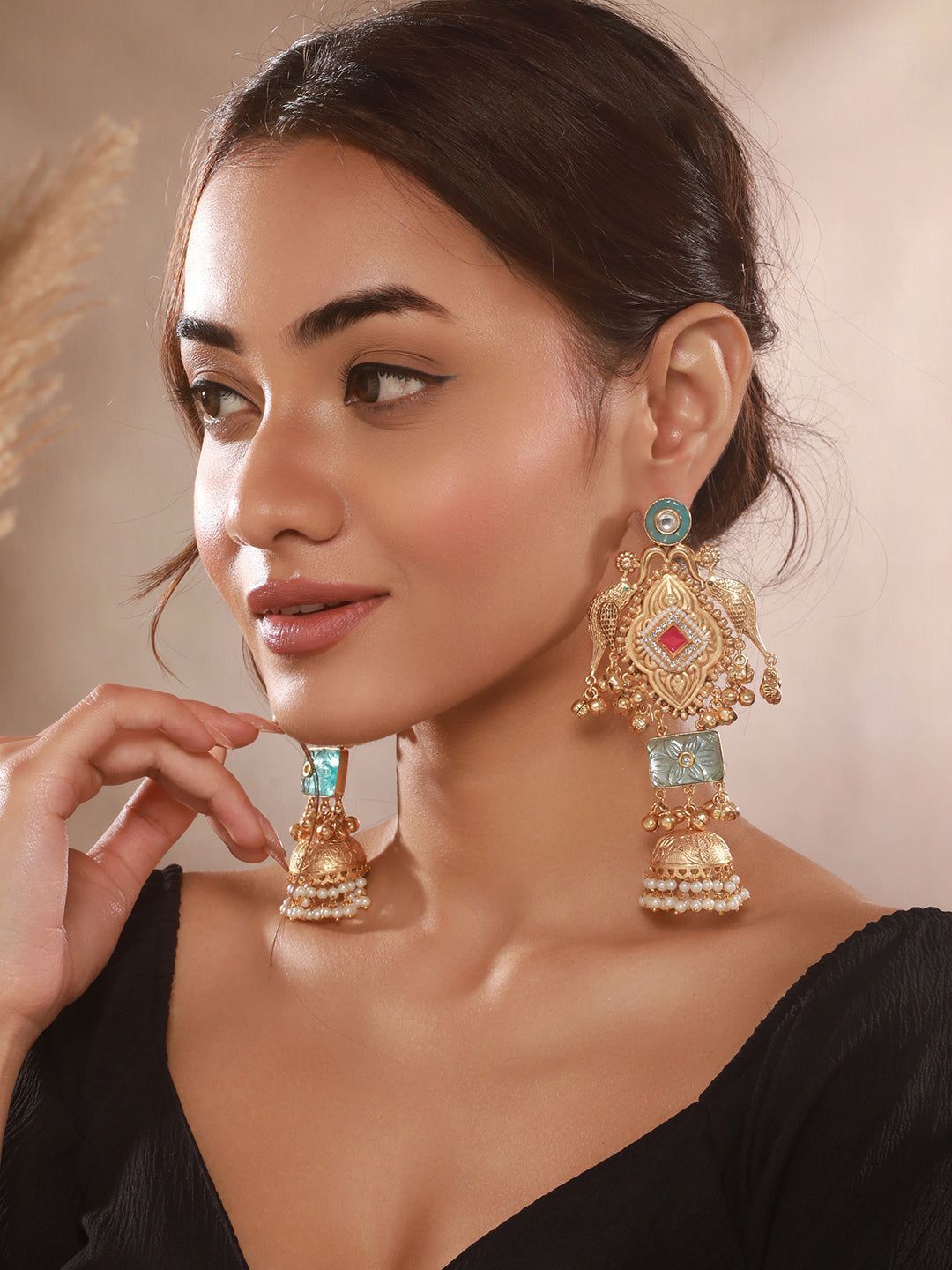 Gold Toned Kundan Studded Lightweight Bird Motif  Statement Bridal Jhumka Earrings