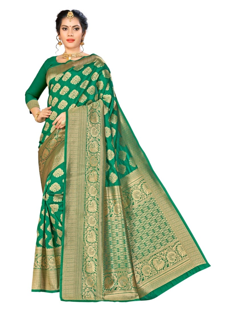 Generic Women's Banarasi Silk Saree (Green, 5-6 Mtr)