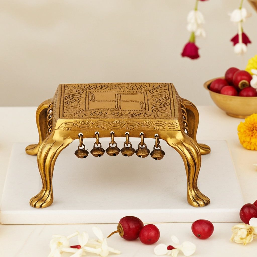 Brass Chowki for God Idol - Handcrafted Temple Stand, Length : 7 Inch (BSMAS697 C)