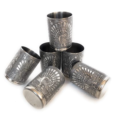 Navrang Stainless Steel Meenakari Peacock Design Drinking Glass for Water, Juice (Golden, Set of 6)�