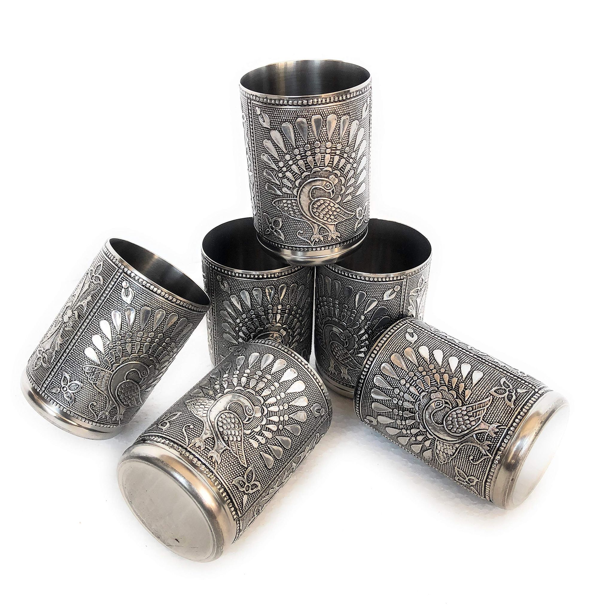 Navrang Stainless Steel Meenakari Peacock Design Drinking Glass for Water, Juice (Golden, Set of 6)�