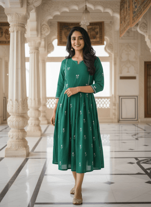Cotton Printed Long Dress for Women | Anarkali Style | 3/4th Sleeve | Casual & Festive Wear Cotton Printed Long Dress for Women | Anarkali Style | 3/4th Sleeve | Casual & Festive Wear