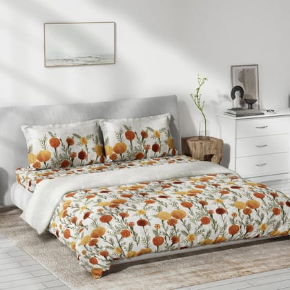 DDECOR - Primary Collection 100% Cotton Floral Pattern 145TC King Bedsheet |254 CM X 274 CM|, Quilt and with 2 Pillow Covers - Yellow