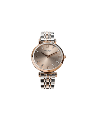 Qorum Evara Ladies Watch – Platinum Grey Dial, Two-tone Rose Gold Plated Stainless Steel Strap