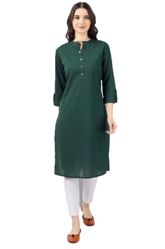 Women's Solid Calf Length Cotton Kurti (Green, M)-PID46342