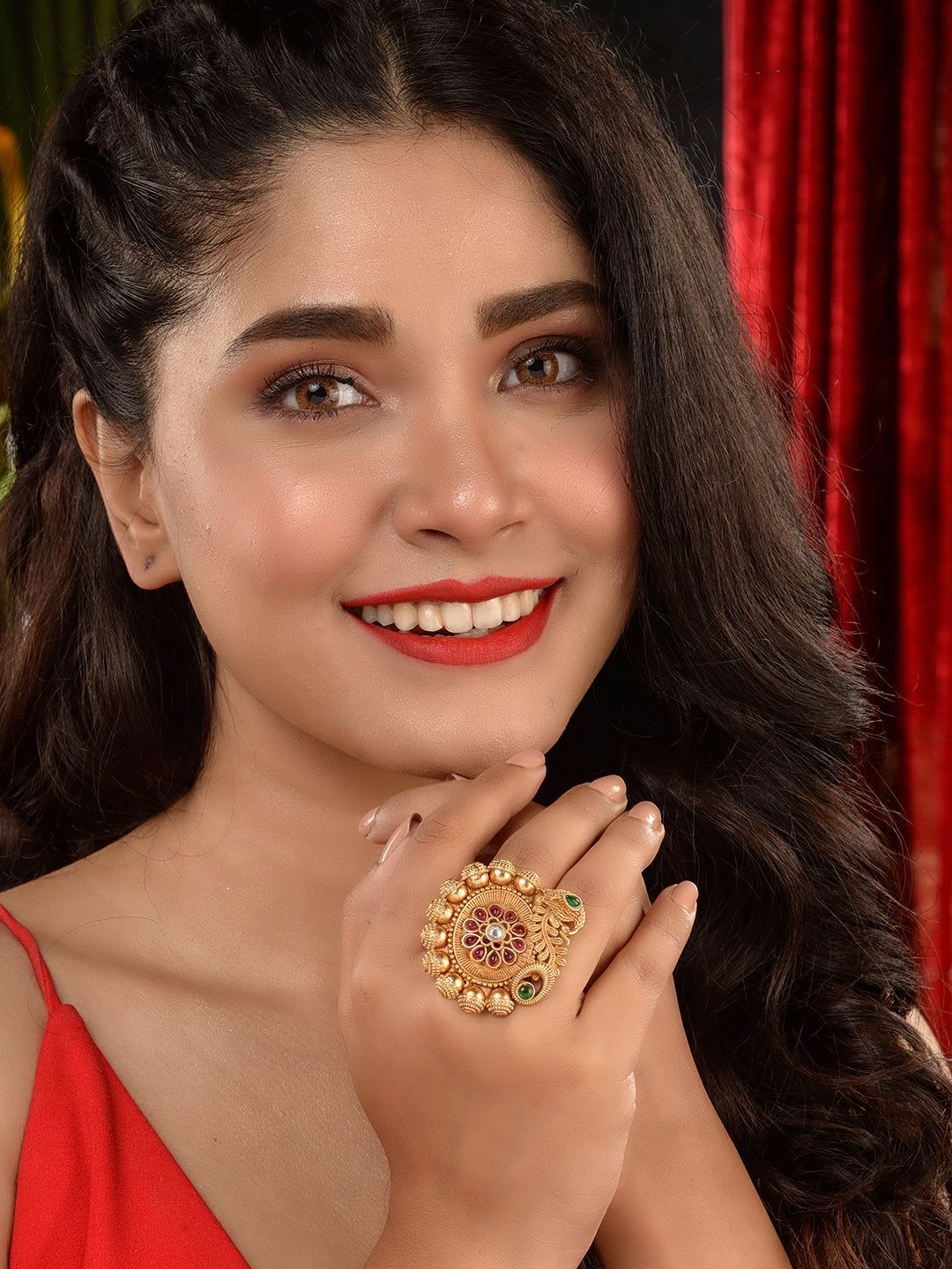Women Red & GoldPlated AD Peacock Statement Adjustable Finger Ring