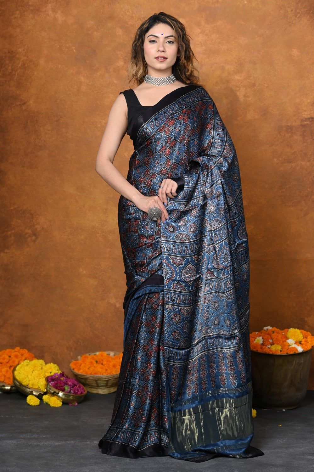 Handloom Modal Silk Saree With Ajrakh Handblock Print With Eco-Friendly Vegetable Dye~ Blue