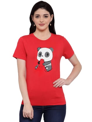 Women's Cotton Blend Panda Bites Printed T-Shirt S (Red)
