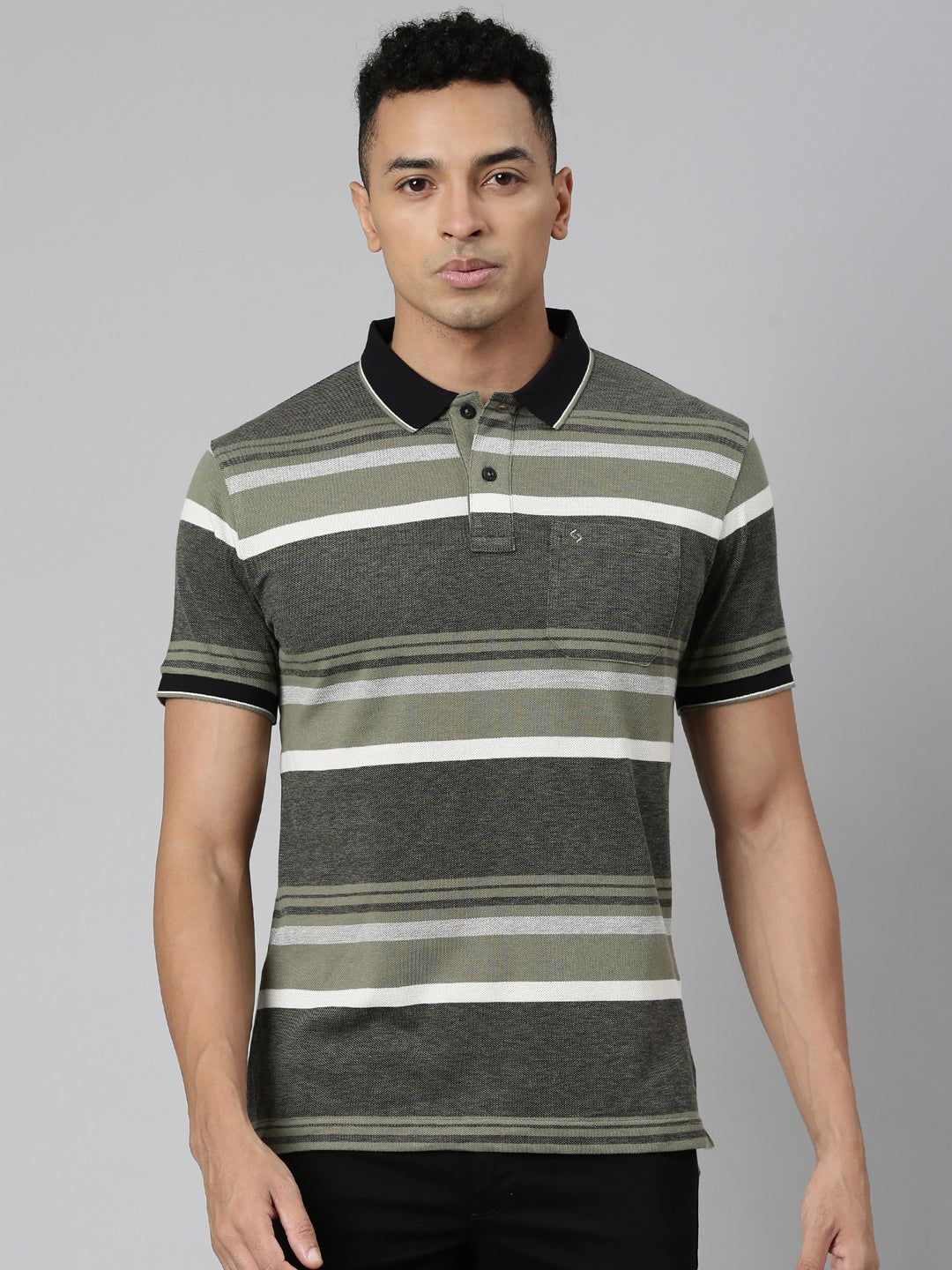 Classic Polo Men's Polo Neck Cotton Olive Green/Black Slim Fit Striped T-Shirt | ADORE-222 B SF P