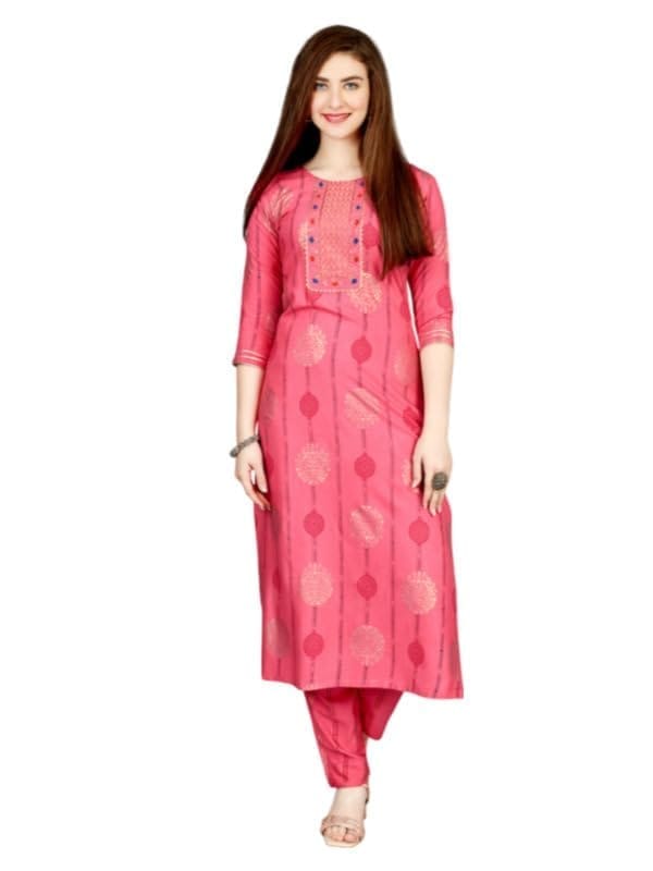 Women's Casual 3-4 th Sleeve Embroidery Rayon Kurti Pant Set (Pink, XL)-PID50259
