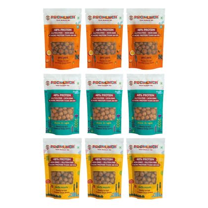 PROMUNCH Travel Combo Pack (Cheese and Onion-3, Peri Peri-3, Noodle Masala-3) 30gm x 9