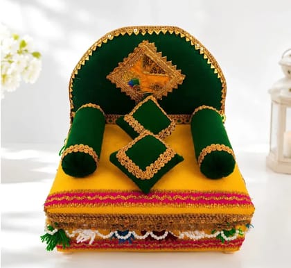 PATITAPABAN Janmashtami Special Velvet Sofa Cum Sinhasan | Laddu Gopal Size 0-8 Wooden All Purpose Chowki (Green, Yellow, Gold, Pack of 1)