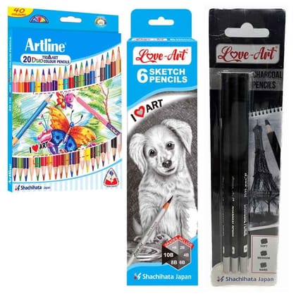 Artline Vibrant Coloured Pencils Combo Pack: 3 Charcoal Pencils, 6 Sketch Pencils, and 20 Duo Art Colour Pencils Artline Vibrant Coloured Pencils Combo Pack: 3 Charcoal Pencils, 6 Sketch Pencils, and 20 Duo Art Colour Pencils