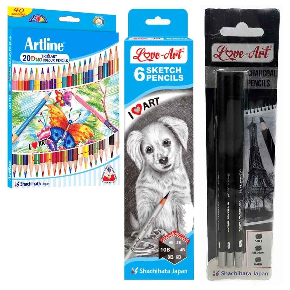 Artline Vibrant Coloured Pencils Combo Pack: 3 Charcoal Pencils, 6 Sketch Pencils, and 20 Duo Art Colour Pencils