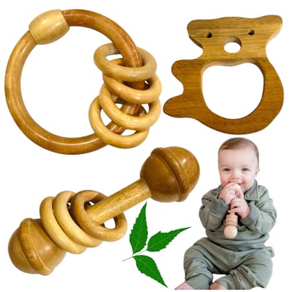 Natural Wooden Baby Rattle Set, Teething Ring and Owl Teether, Montessori Infant Toys, 3 Pieces