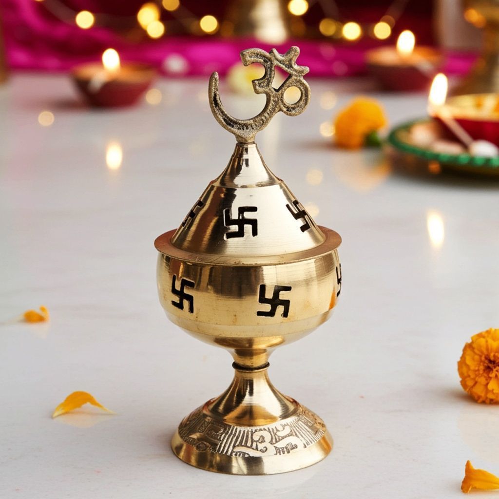 Brass Table Decor Oil Lamp Om Pakija Deepak  - Handcrafted Brass Diya for Aarti, Height : 3 Inch (ZMAS164 B)