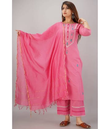 NeshamaKurti Cotton Embroidered Kurti With Palazzo Women's Stitched Salwar Suit - Pink ( Pack of 1 )