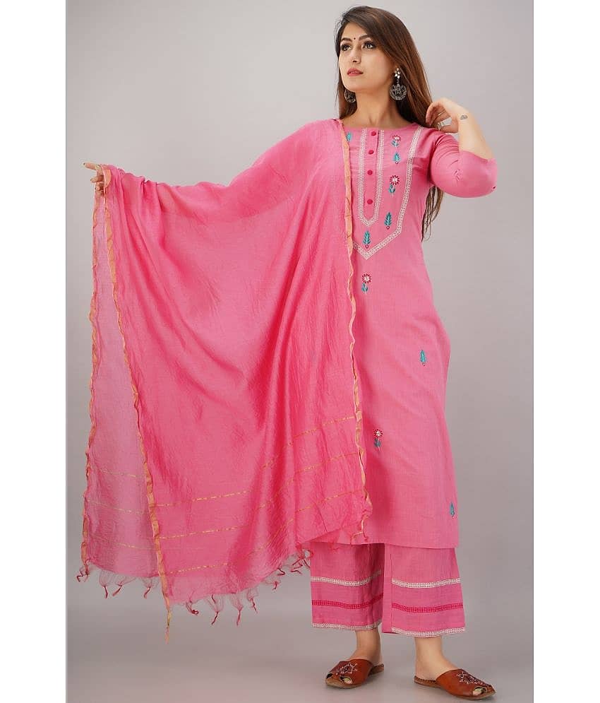 NeshamaKurti Cotton Embroidered Kurti With Palazzo Women's Stitched Salwar Suit - Pink ( Pack of 1 )