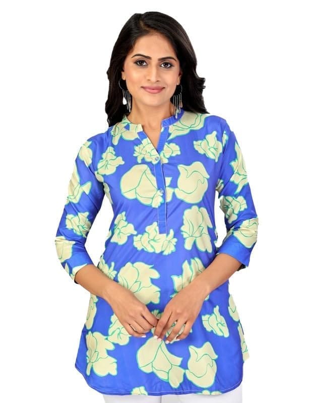 Women's Poly Crepe Mandarin Collar 3/4 Sleeves Short Top (Blue, L)-PID56262