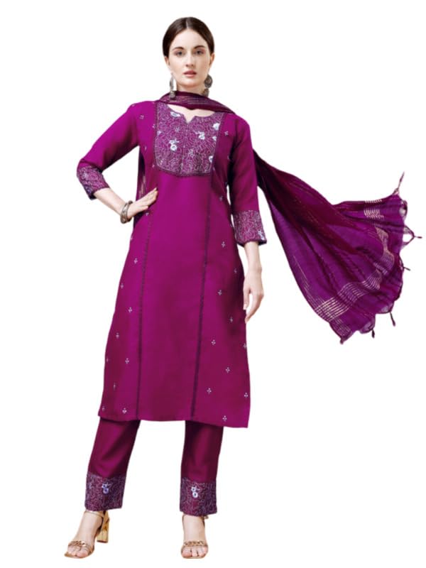 Women's Casual 3-4 th Sleeve Embroidery Cotton Kurti Pant Dupatta Set (Purple, M)-PID50268